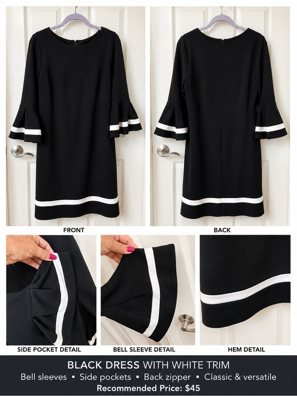 Black Bell-Sleeve Shift Dress with White Trim - Women Tops
